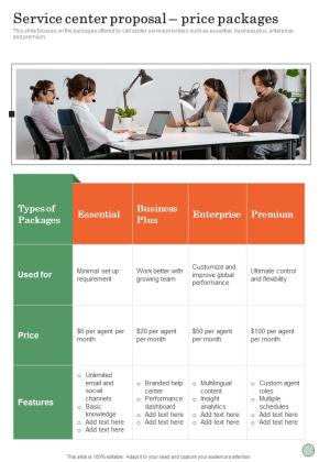Service Center Proposal Price Packages One Pager Sample Example Document Slide01