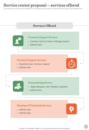 Service Center Proposal Services Offered One Pager Sample Example Document Slide01