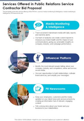 Services Offered In Public Relations Service Contractor Bid Proposal One Pager Sample Example Document Slide01