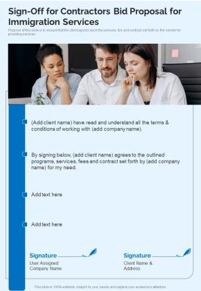 Sign Off For Contractors Bid Proposal For Immigration Services One Pager Sample Example Document Slide01