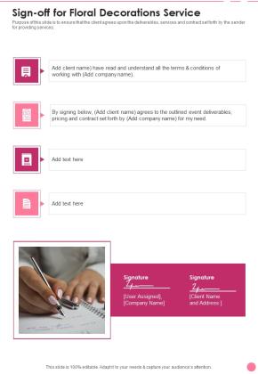 Sign Off For Floral Decorations Service One Pager Sample Example Document Slide01