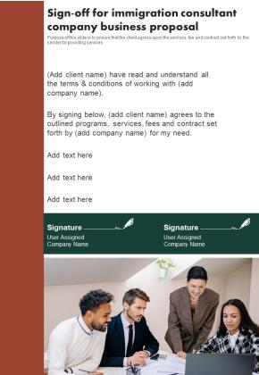 Sign Off For Immigration Consultant Company Business Proposal One Pager Sample Example Document Slide01