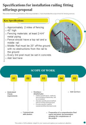 Specifications For Installation Railing Fitting Offerings Proposal One Pager Sample Example Document Slide01