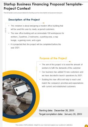 Startup Business Financing Proposal Template Project Context One Pager Sample Example Document Slide01
