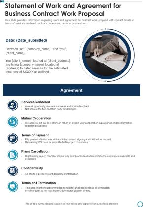 Statement Of Work And Agreement For Business Contract Work Proposal One Pager Sample Example Document Slide01