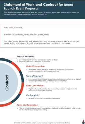 Statement Of Work And Contract For Brand Launch Event Proposal One Pager Sample Example Document Slide01