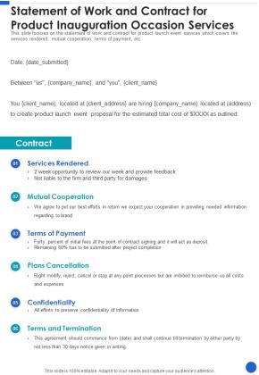 Statement Of Work And Contract For Product Inauguration Occasion Services One Pager Sample Example Document Slide01