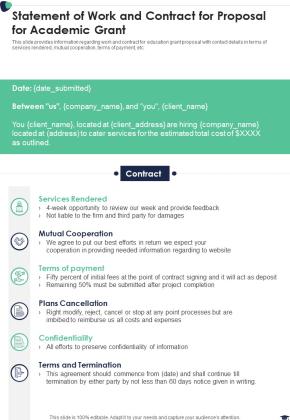 Statement Of Work And Contract For Proposal For Academic Grant One Pager Sample Example Document Slide01
