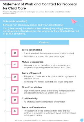 Statement Of Work And Contract For Proposal For Child Care One Pager Sample Example Document Slide01
