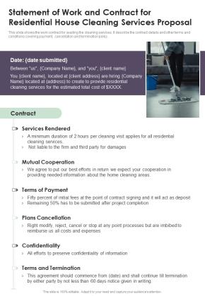 Statement Of Work And Contract For Residential House Cleaning Services One Pager Sample Example Document Slide01