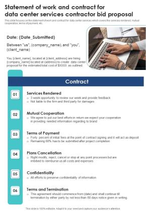 Statement Of Work Data Center Services Contractor Bid Proposal One Pager Sample Example Document Slide01