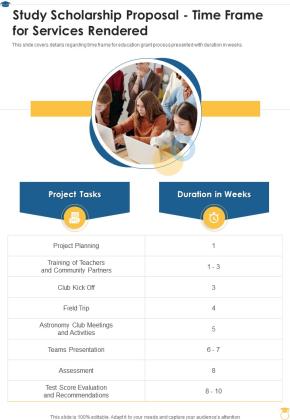 Study Scholarship Proposal Time Frame For Services Rendered One Pager Sample Example Document Slide01