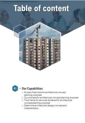 Table Of Content Architectural Concept Planning Proposal One Pager Sample Example Document Slide01