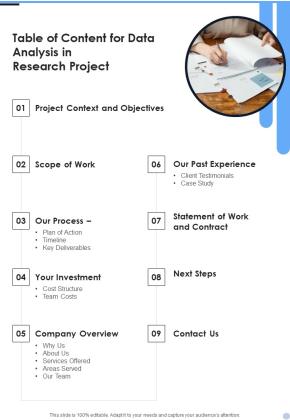 Table Of Content For Data Analysis In Research Project One Pager Sample Example Document Slide01