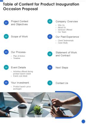 Table Of Content For Product Inauguration Occasion Proposal One Pager Sample Example Document Slide01
