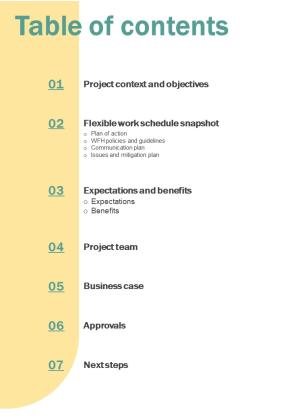 Table Of Contents Adjustable Work Schedule Proposal One Pager Sample Example Document Slide01