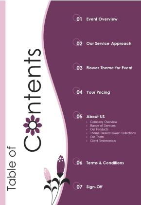 Table Of Contents Business Proposal For Event Florist Enterprise One Pager Sample Example Document Slide01