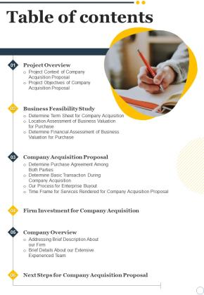 Table Of Contents Company Acquisition Proposal One Pager Sample Example Document Slide01