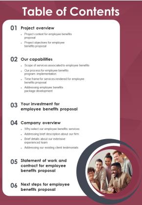 Table Of Contents Employee Perk Administration Proposal One Pager Sample Example Document Slide01