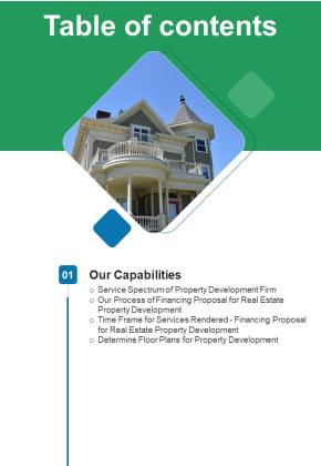 Table Of Contents Financing Proposal For Real Estate Property Development One Pager Sample Example Document Slide01