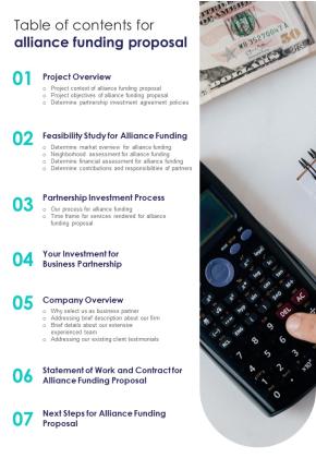 Table Of Contents For Alliance Funding Proposal One Pager Sample Example Document Slide01