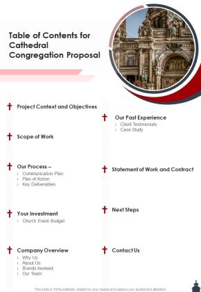 Table Of Contents For Cathedral Congregation Proposal One Pager Sample Example Document Slide01