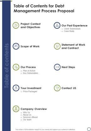 Table Of Contents For Debt Management Process Research Proposal One Pager Sample Example Document Slide01
