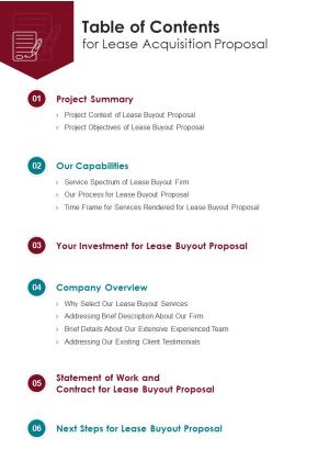 Table Of Contents For Lease Acquisition Proposal One Pager Sample Example Document Slide01