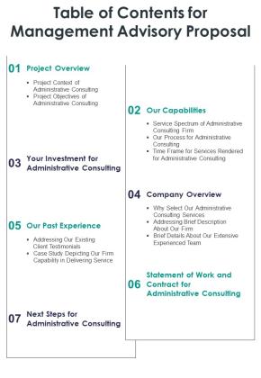 Table Of Contents For Management Advisory Proposal One Pager Sample Example Document Slide01