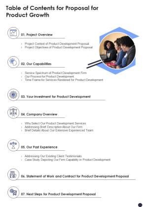 Table Of Contents For Proposal For Product Growth One Pager Sample Example Document Slide01