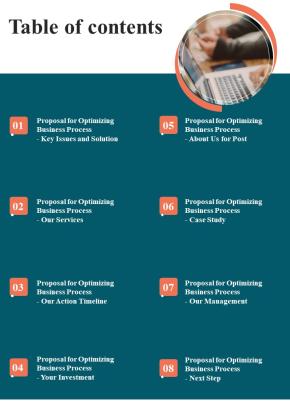Table Of Contents Proposal For Optimizing Business Process One Pager Sample Example Document Slide01