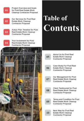 Table Of Contents Proposal For Post Construction Cleanup Contractor One Pager Sample Example Document Slide01