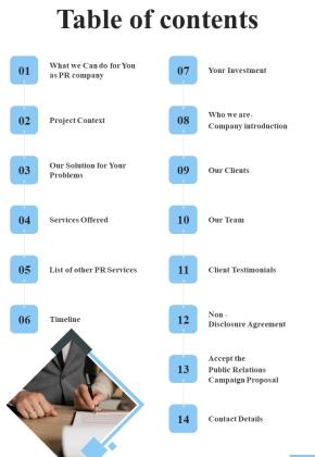 Table Of Contents Public Relation Marketing Strategy Proposal One Pager Sample Example Document Slide01