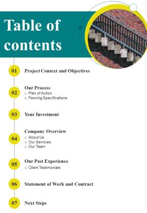 Table Of Contents Railing Fitting Offerings Proposal One Pager Sample Example Document Slide01