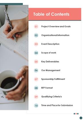 Table Of Contents Request For Proposal Event Planning And Organizing One Pager Sample Example Document Slide01