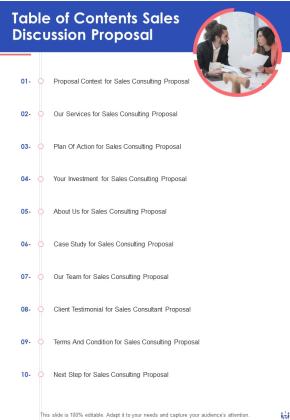 Table Of Contents Sales Discussion Proposal One Pager Sample Example Document Slide01