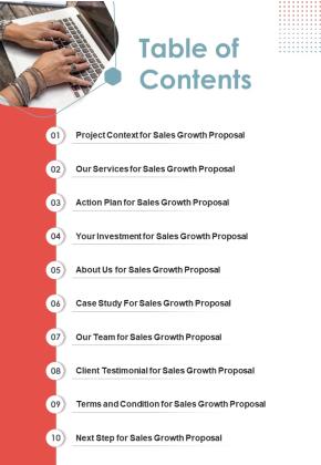 Table Of Contents Sales Growth Proposal One Pager Sample Example Document Slide01