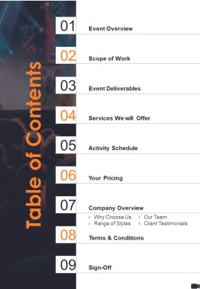 Table Of Contents Video Making Service Proposal One Pager Sample Example Document Slide01