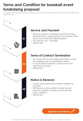 Terms And Condition For Baseball Event Fundraising Proposal One Pager Sample Example Document Slide01
