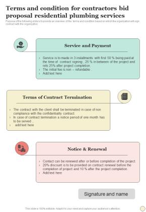Terms And Condition For Contractors Bid Proposal Residential Plumbing Services One Pager Sample Example Document Slide01