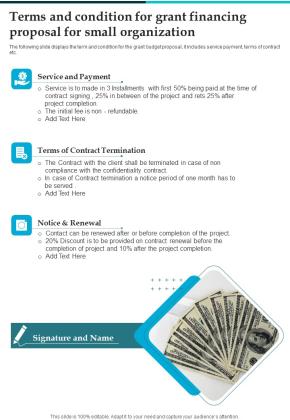 Terms And Condition For Grant Financing Proposal For Small Organization One Pager Sample Example Document Slide01
