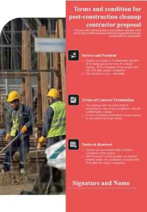 Terms And Condition For Post Construction Cleanup Contractor Proposal One Pager Sample Example Document Slide01