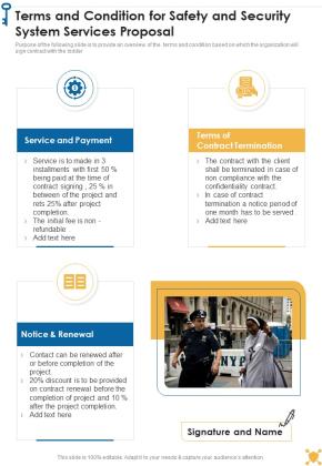 Terms And Condition For Safety And Security System Services Proposal One Pager Sample Example Document Slide01