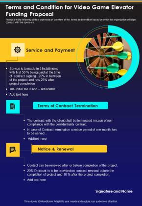 Terms And Condition For Video Game Elevator Funding Proposal One Pager Sample Example Document Slide01