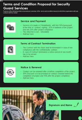 Terms And Condition Proposal For Security Guard Services One Pager Sample Example Document Slide01