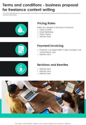 Terms And Conditions Business Proposal For Freelance Content Writing One Pager Sample Example Document Slide01