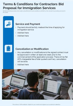 Terms And Conditions Contractors Bid Proposal For Immigration Services One Pager Sample Example Document Slide01