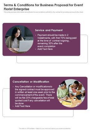 Terms And Conditions For Business Proposal For Event Florist Enterprise One Pager Sample Example Document Slide01