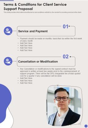 Terms And Conditions For Client Service Support Proposal One Pager Sample Example Document Slide01