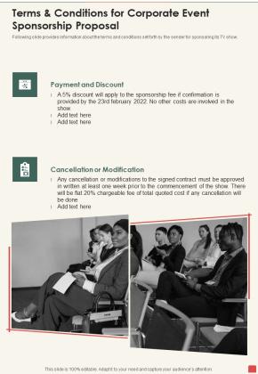 Terms And Conditions For Corporate Event Sponsorship Proposal One Pager Sample Example Document Slide01